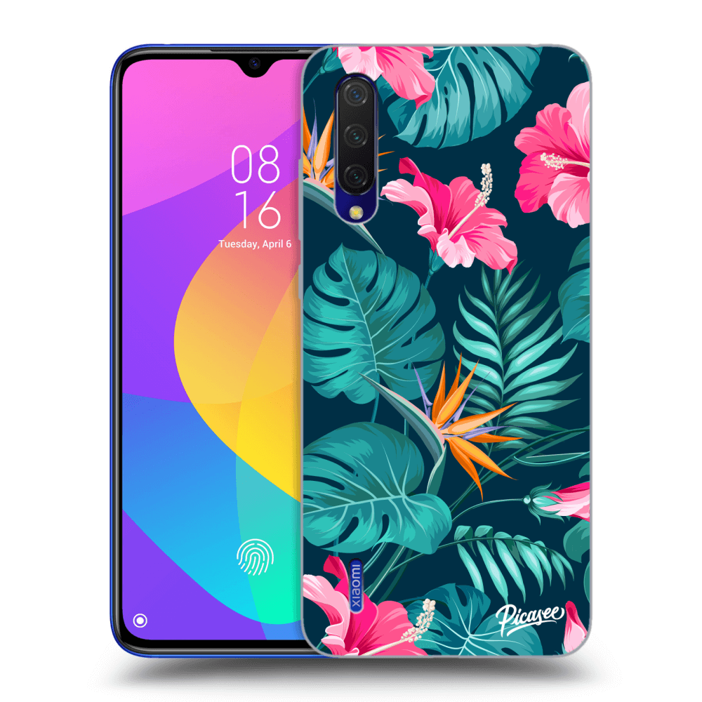 Xiaomi Mi 9 Lite Hülle - Schwarzes Silikon - Pink Monstera