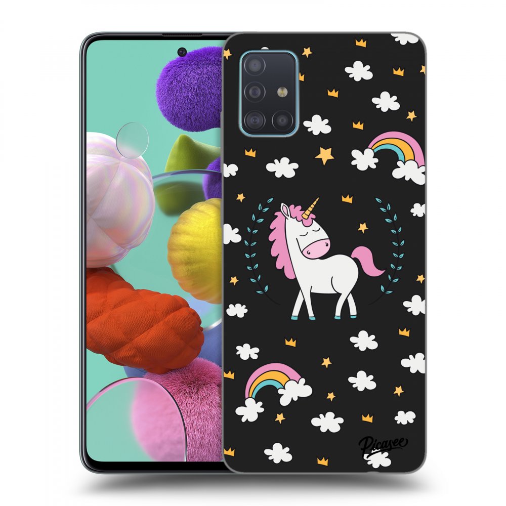 Samsung Galaxy A51 A515F Hülle - Schwarzes Silikon - Einhorn Sternenhimmel