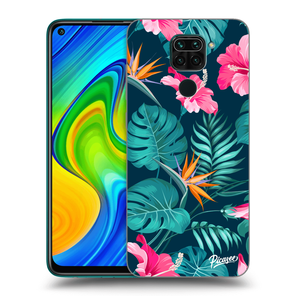 Xiaomi Redmi Note 9 Hülle - Schwarzes Silikon - Pink Monstera