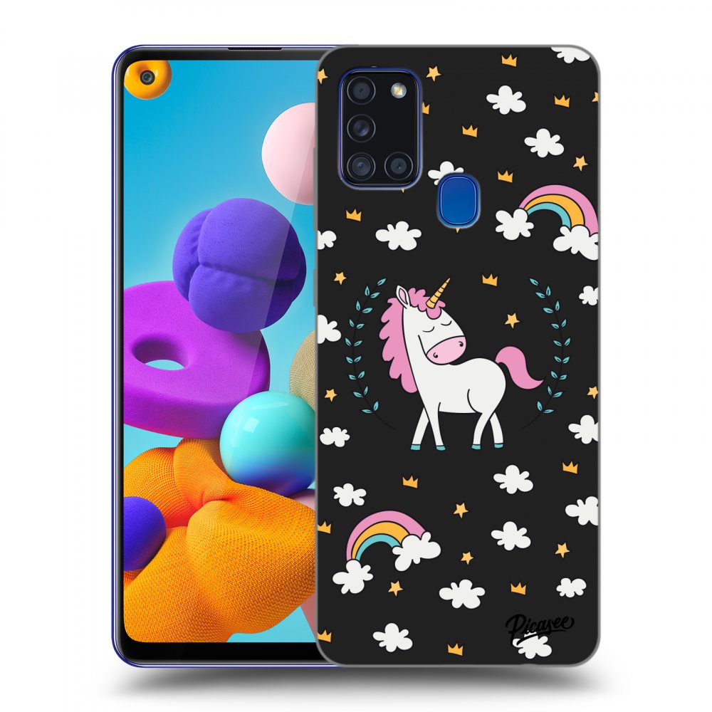 Samsung Galaxy A21s Hülle - Schwarzes Silikon - Einhorn Sternenhimmel