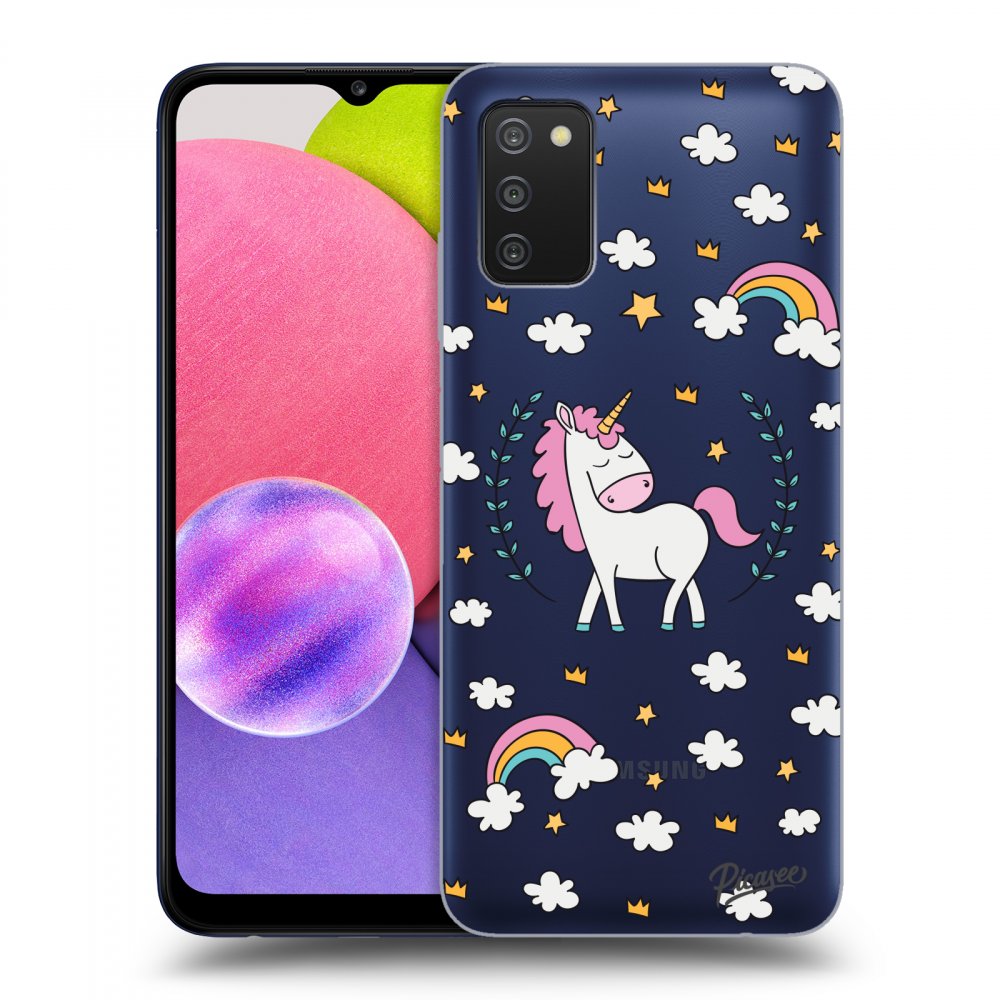 Samsung Galaxy A02s A025G Hülle - Transparentes Silikon - Einhorn Sternenhimmel