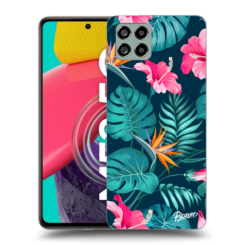 Samsung Galaxy M53 5G Hülle - Schwarzes Silikon - Pink Monstera