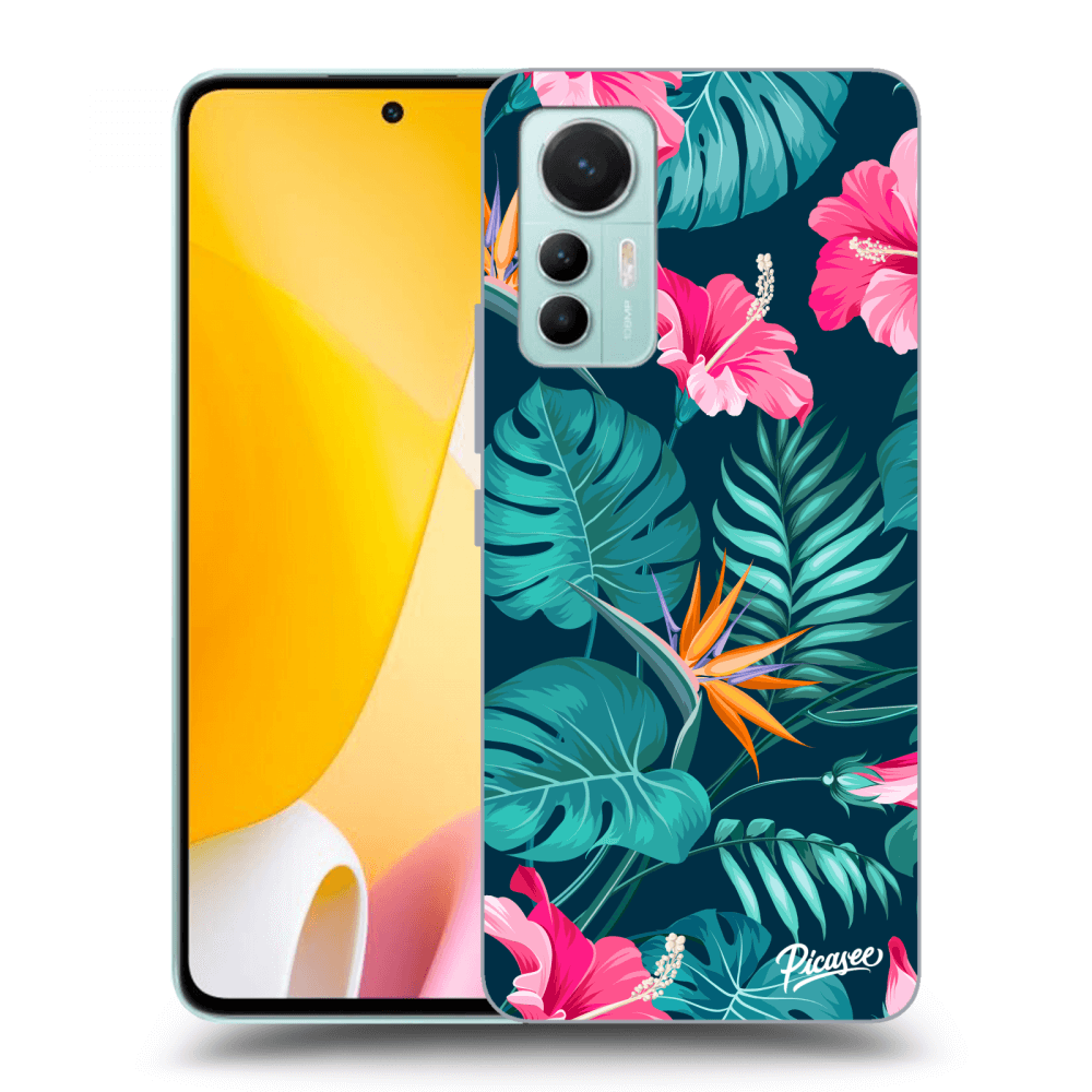 Xiaomi 12 Lite Hülle - Schwarzes Silikon - Pink Monstera