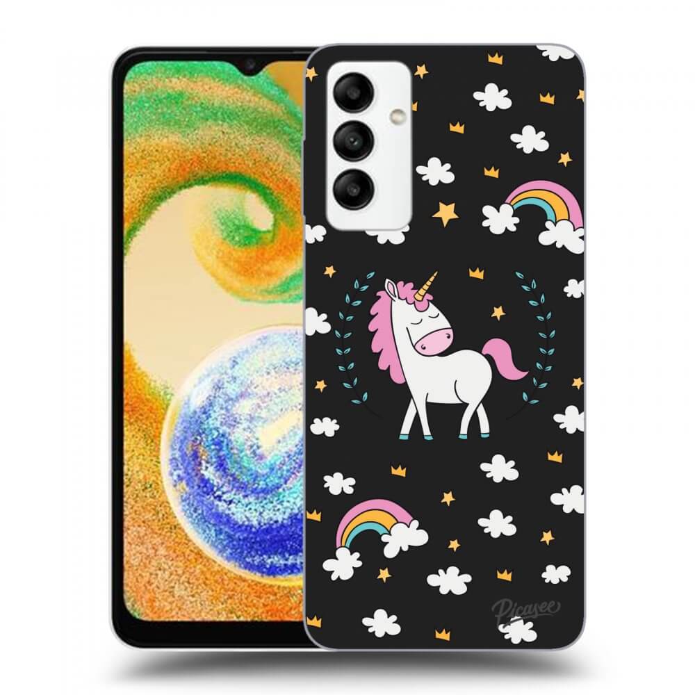 Samsung Galaxy A04s A047F Hülle - Schwarzes Silikon - Einhorn Sternenhimmel