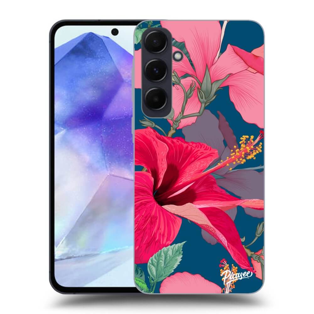 Samsung Galaxy A55 5G A556B Hülle - Schwarzes Silikon - Hibiscus