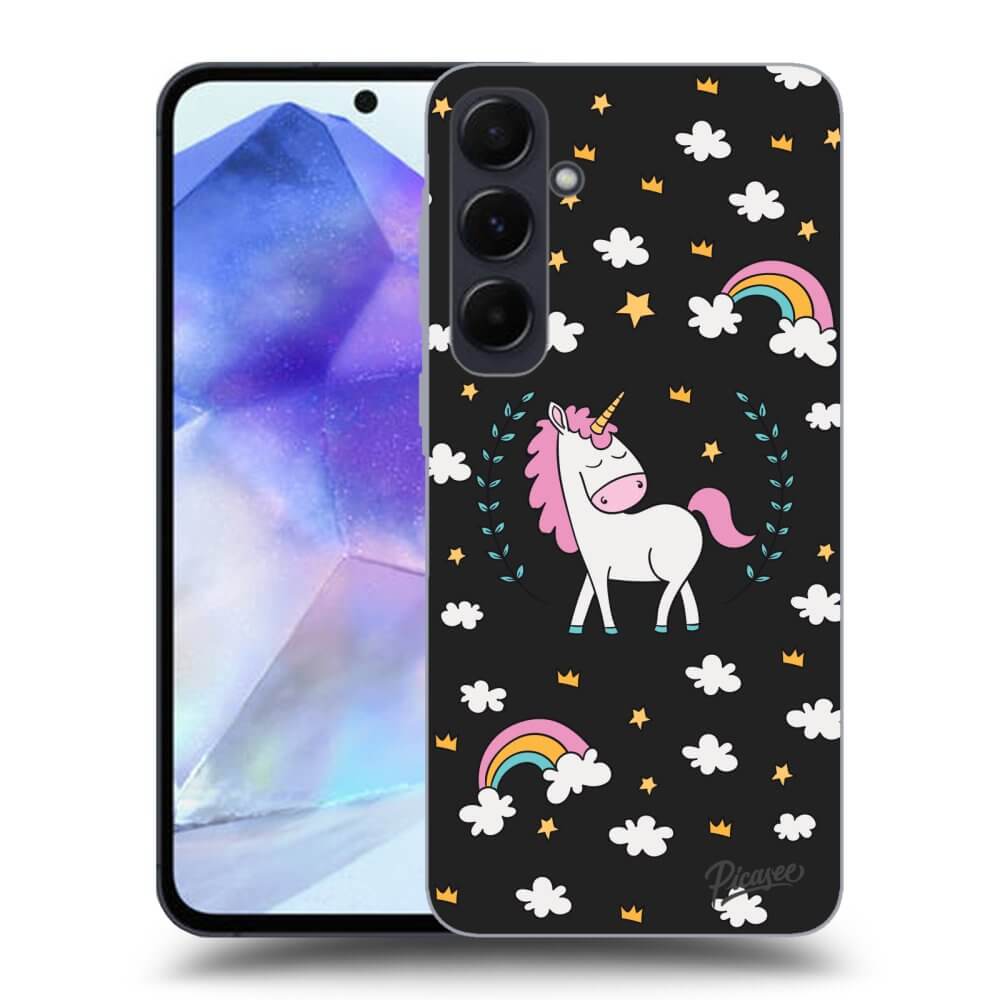 Samsung Galaxy A55 5G A556B Hülle - Schwarzes Silikon - Einhorn Sternenhimmel