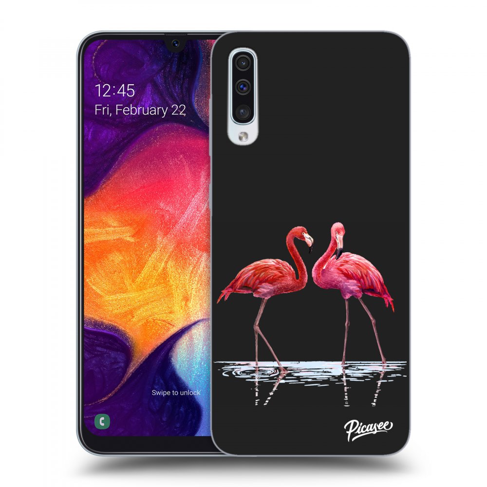 Samsung Galaxy A50 A505F Hülle - Schwarzes Silikon - Flamingos Couple